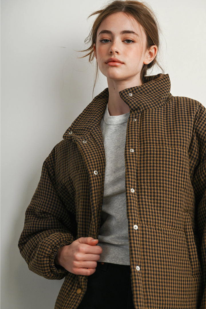 Checkered Stand Collar Puffer Jacket