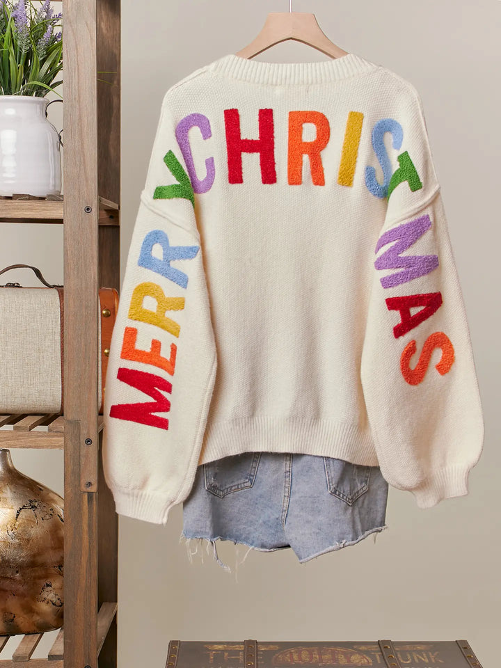 Christmas Lettering Patchwork V Neck Cardigan