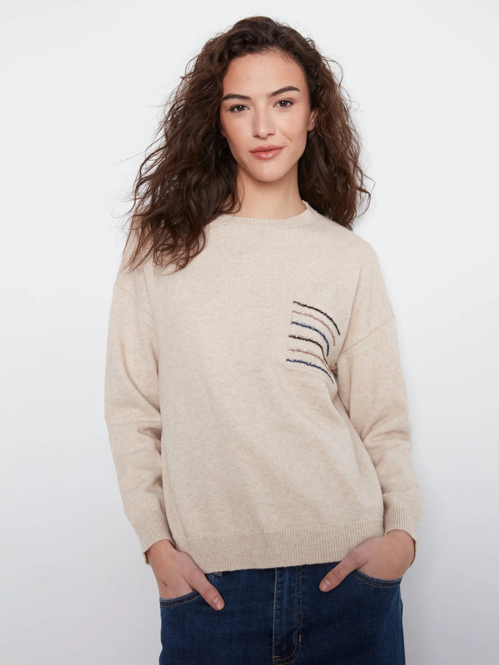 Crew Neck Long Sleeve Sweater With Striped Sequins Pocket at Chest