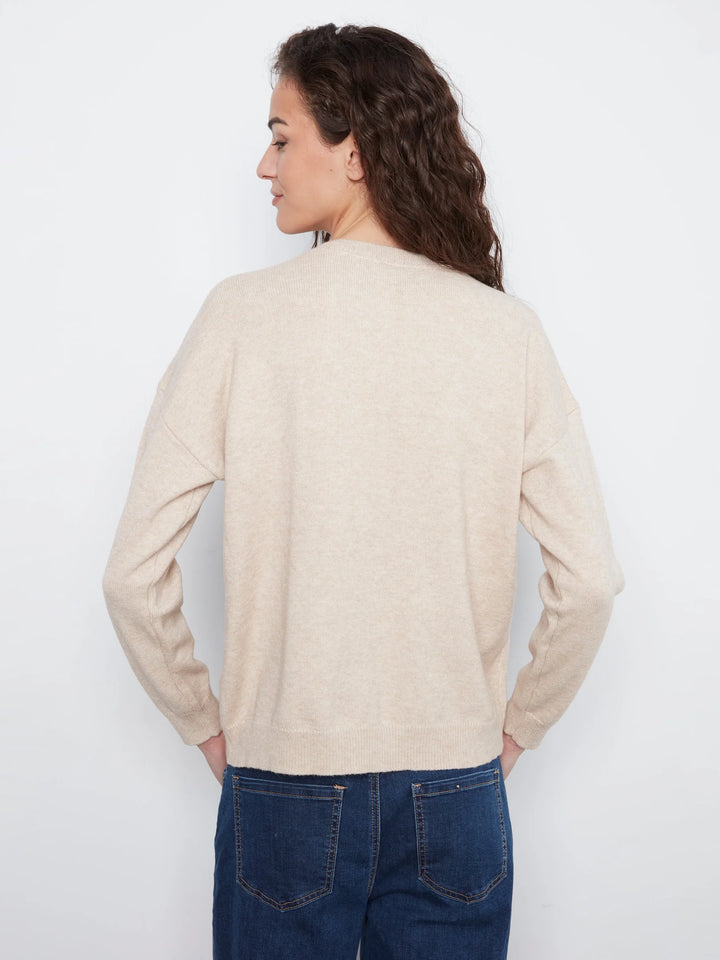 Crew Neck Long Sleeve Sweater With Striped Sequins Pocket at Chest