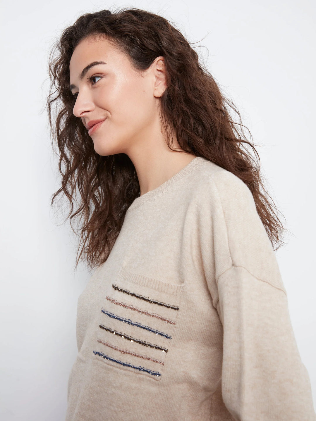 Crew Neck Long Sleeve Sweater With Striped Sequins Pocket at Chest