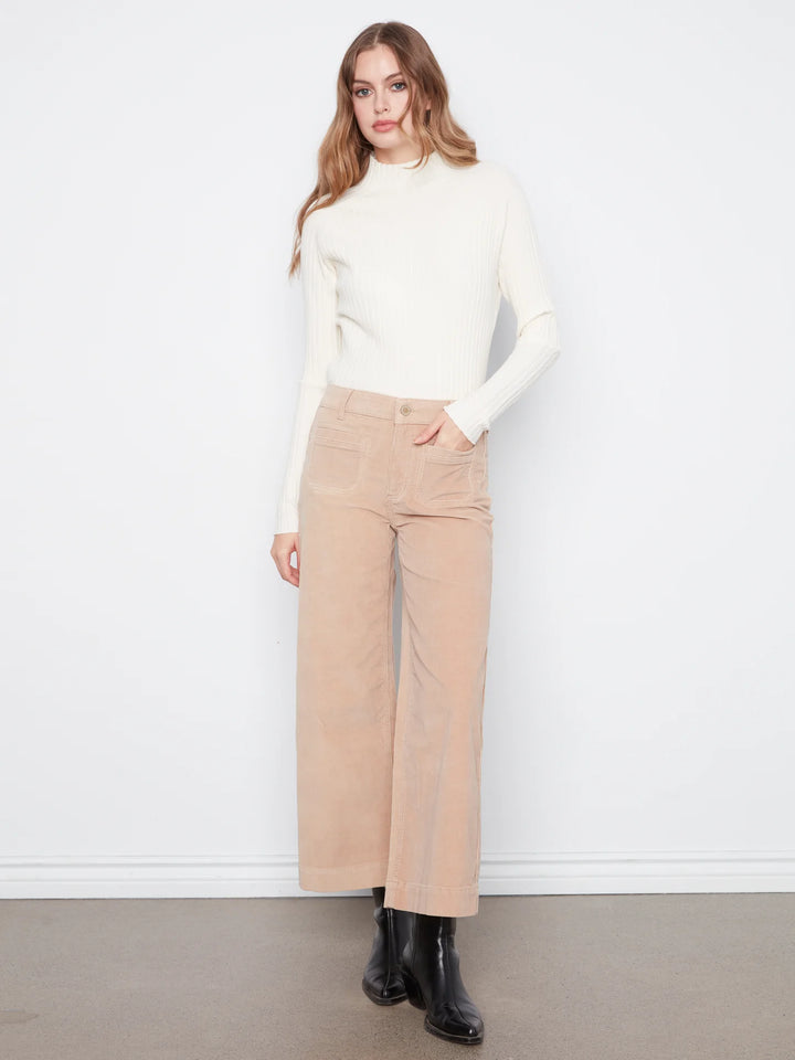 Cropped Insert Pocket Wide Leg Corduroy Pants - Latte