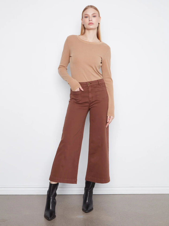 Cropped Insert Pocket Wide Leg Colored Twill Pants - Chocolate