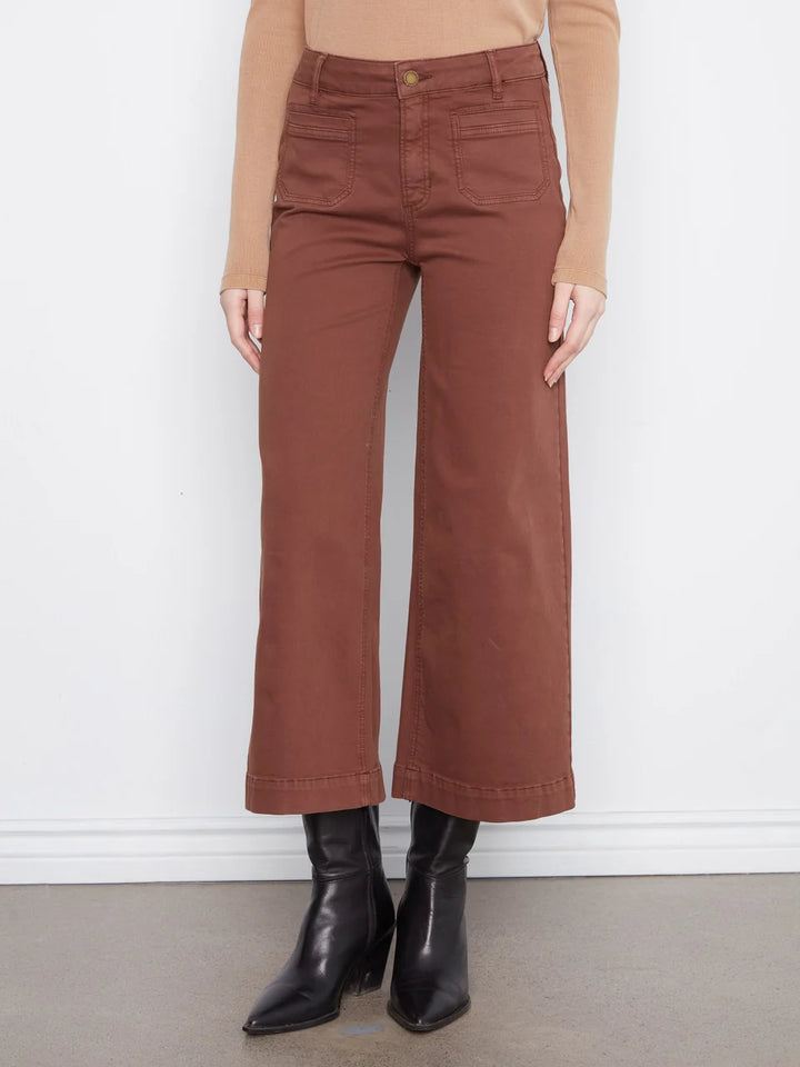 Cropped Insert Pocket Wide Leg Colored Twill Pants - Chocolate