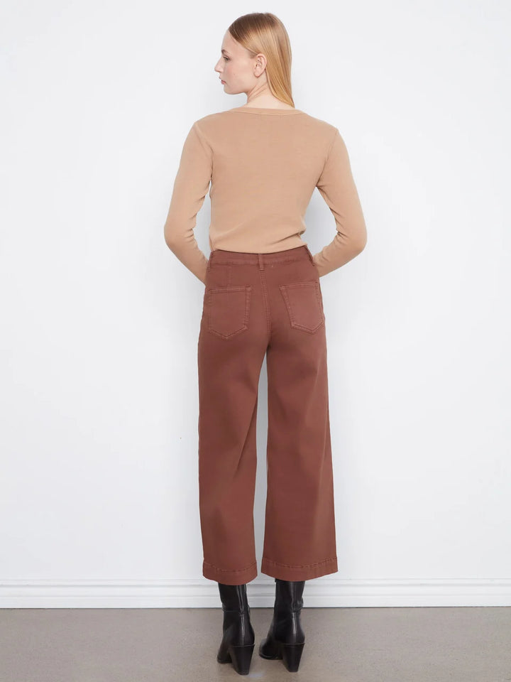 Cropped Insert Pocket Wide Leg Colored Twill Pants - Chocolate
