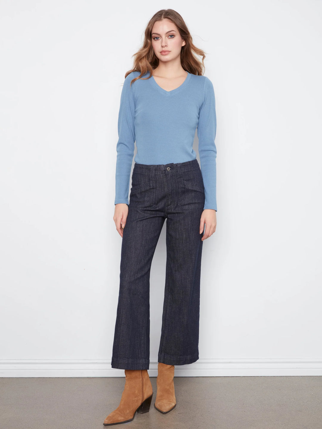 Cropped Wide Leg Stretch Denim Pants With Patch Pockets
