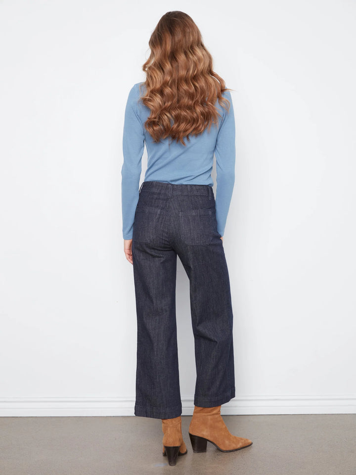 Cropped Wide Leg Stretch Denim Pants With Patch Pockets