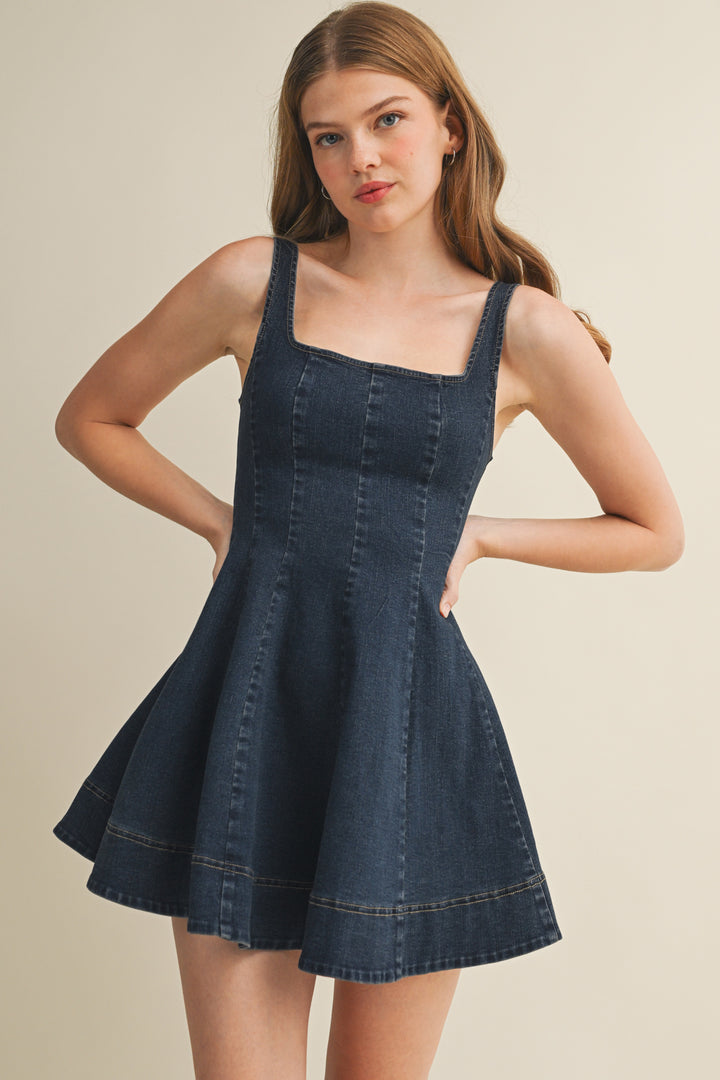 Flare Seamed Sleeveless Denim Dress