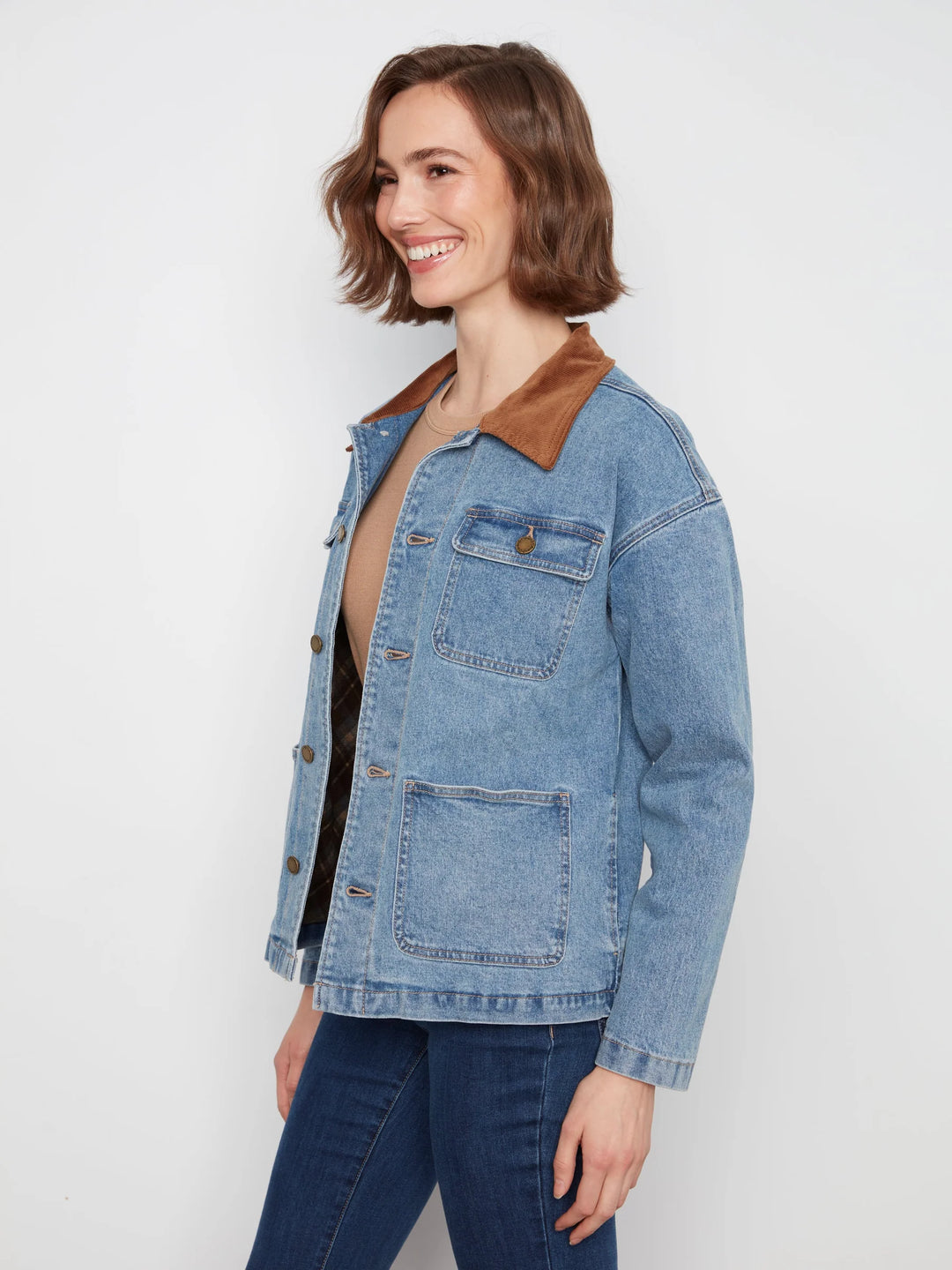Denim Barn Jacket with Contrast Corduroy Collar