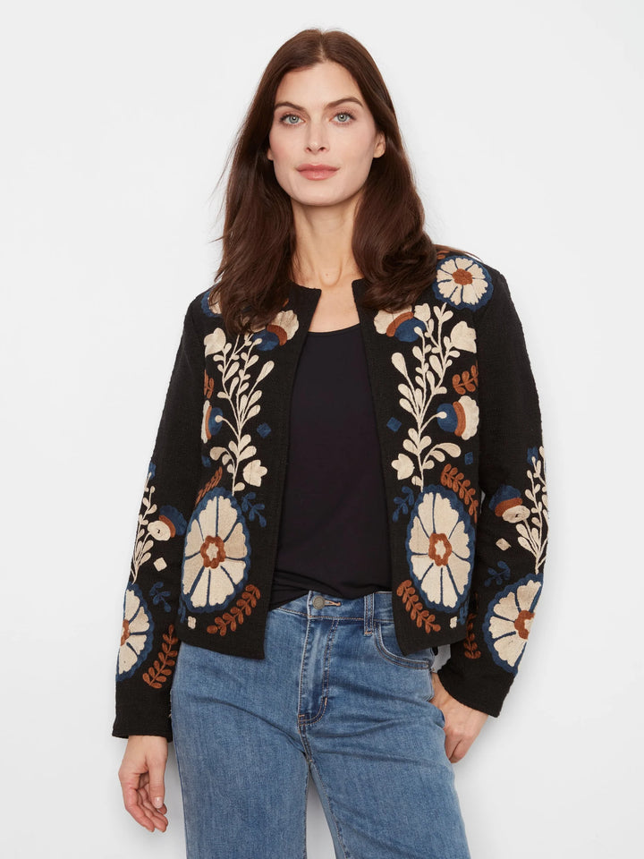 Edge to Edge Embroidered Cotton Basketweave Collarless Jacket