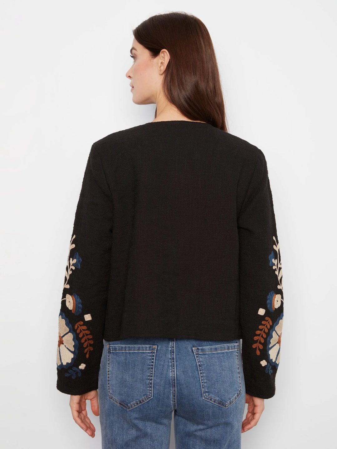 Edge to Edge Embroidered Cotton Basketweave Collarless Jacket