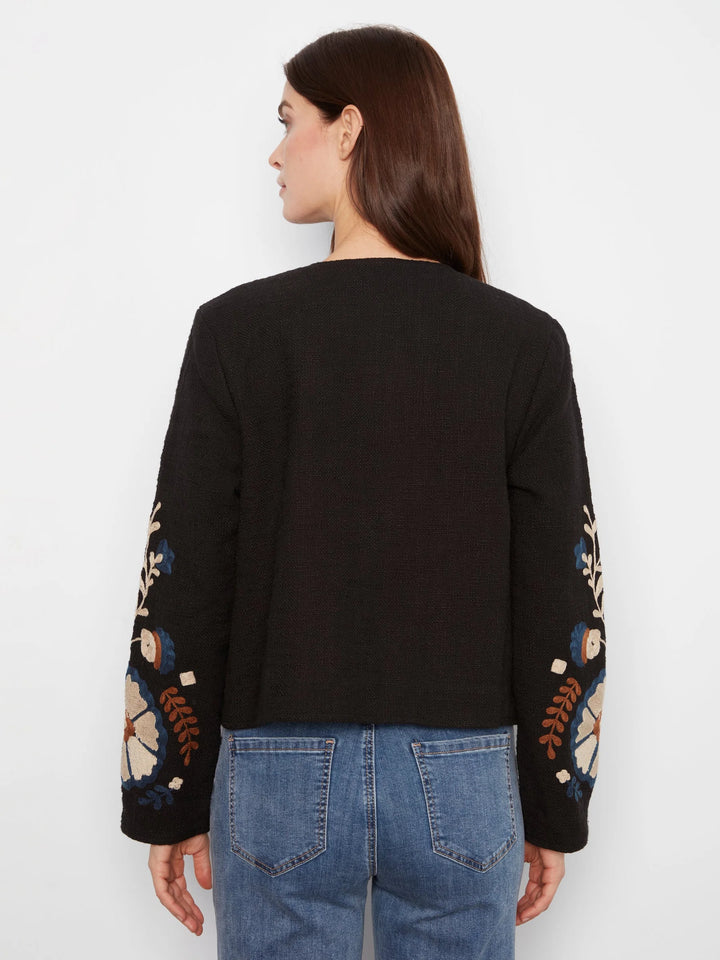 Edge to Edge Embroidered Cotton Basketweave Collarless Jacket
