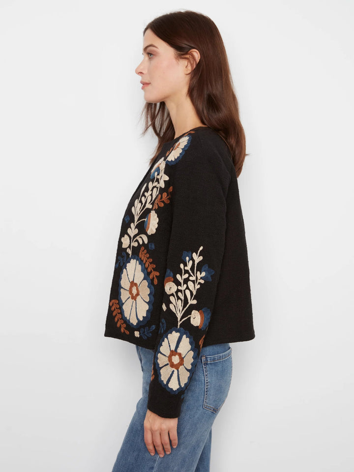 Edge to Edge Embroidered Cotton Basketweave Collarless Jacket