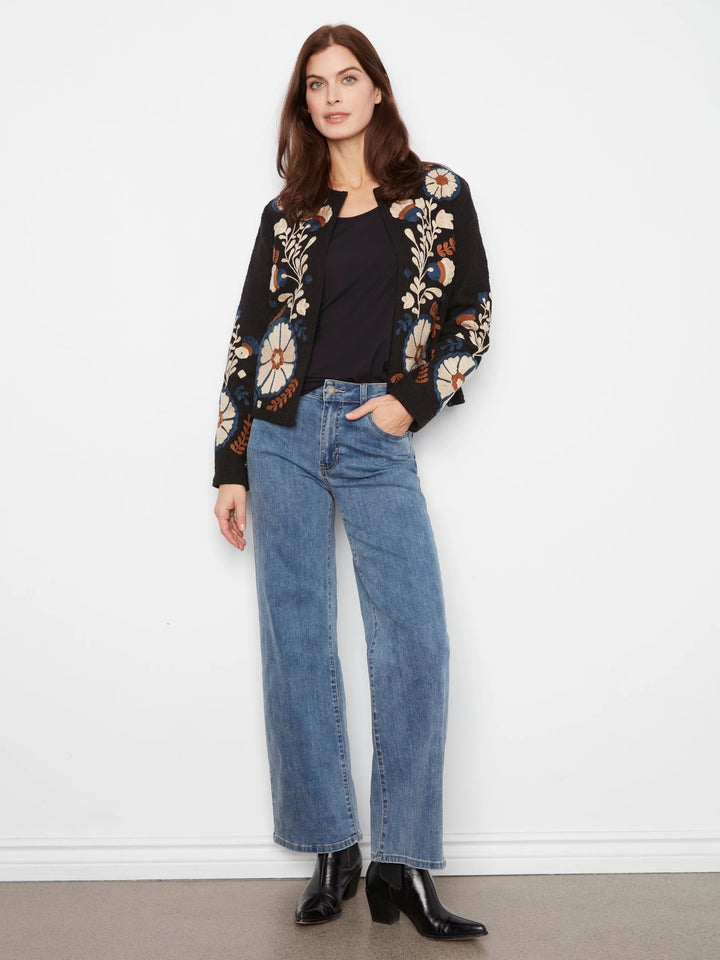 Edge to Edge Embroidered Cotton Basketweave Collarless Jacket
