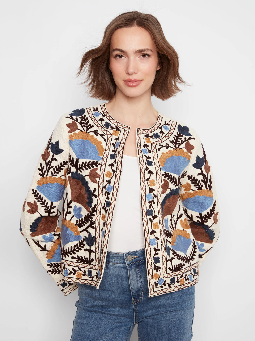 Edge to Edge Embroidered Cotton Basketweave Jacket