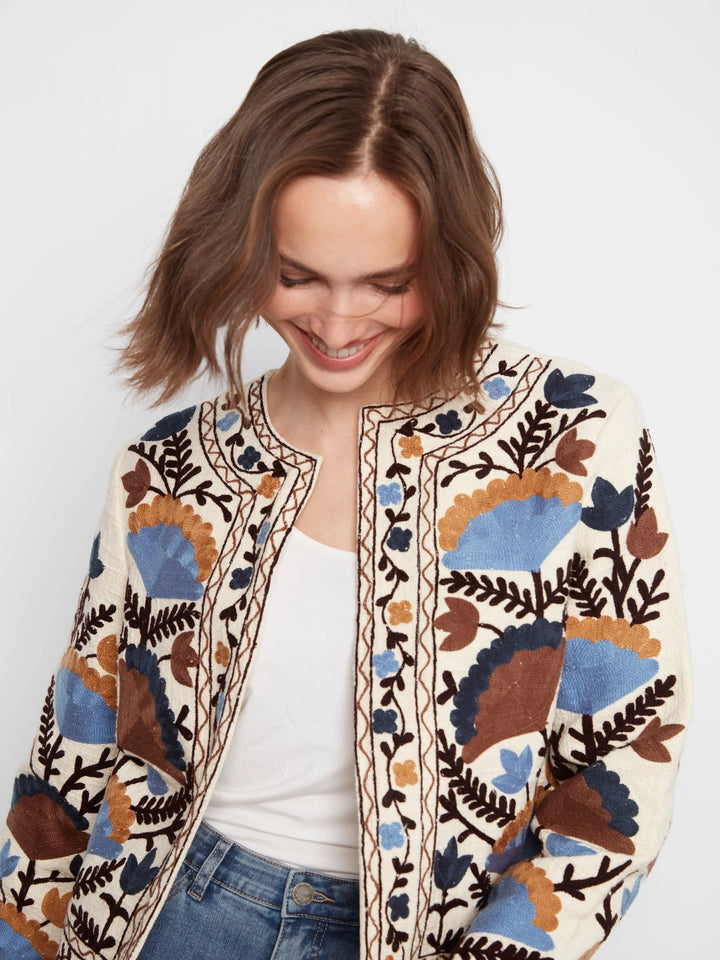 Edge to Edge Embroidered Cotton Basketweave Jacket