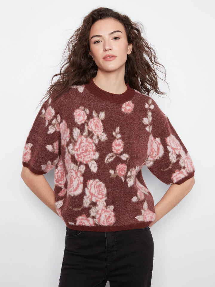 Elbow Sleeve Balloon Shape Jacquard Sweater