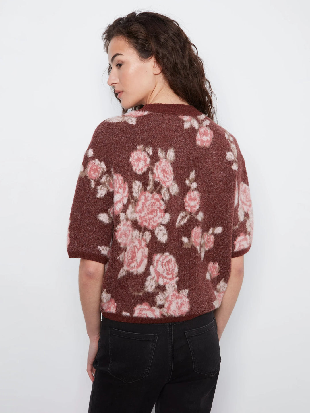 Elbow Sleeve Balloon Shape Jacquard Sweater