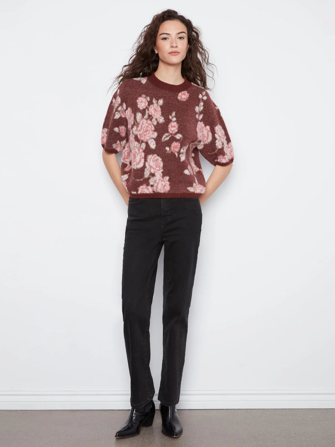 Elbow Sleeve Balloon Shape Jacquard Sweater