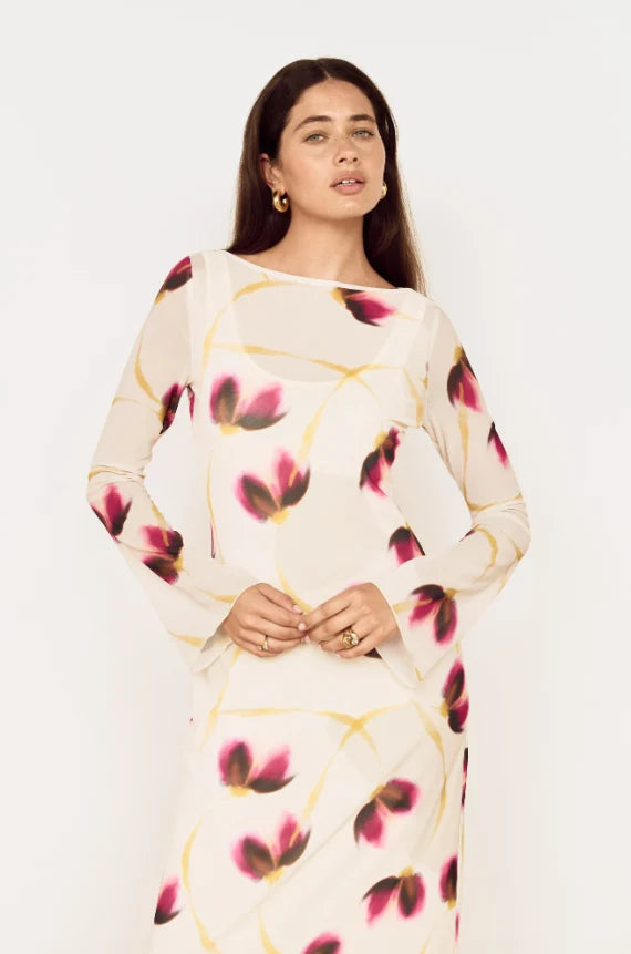 Floral Emery Mesh Sleeved Midi Dress