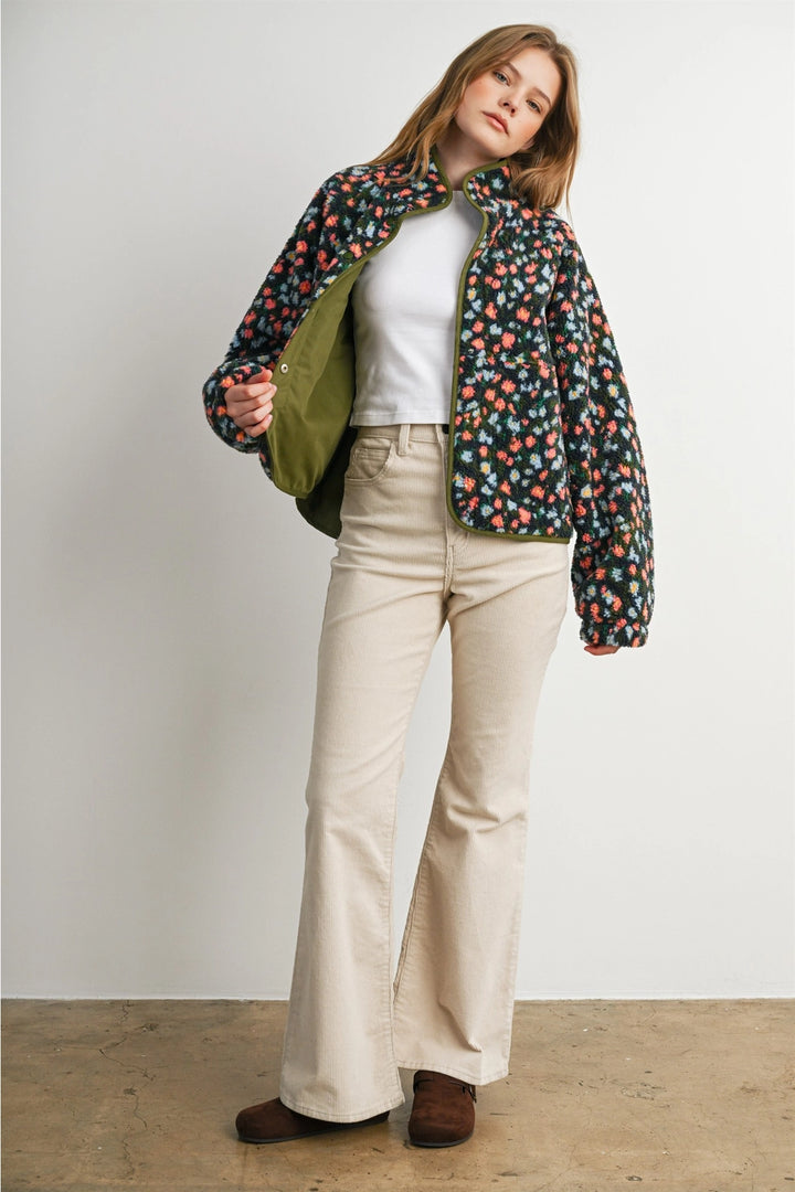 Floral Print Fleece Contrast Trim Jacket