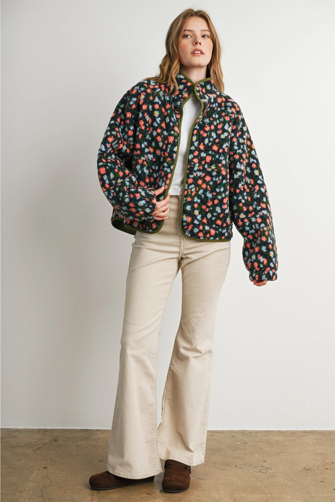 Floral Print Fleece Contrast Trim Jacket