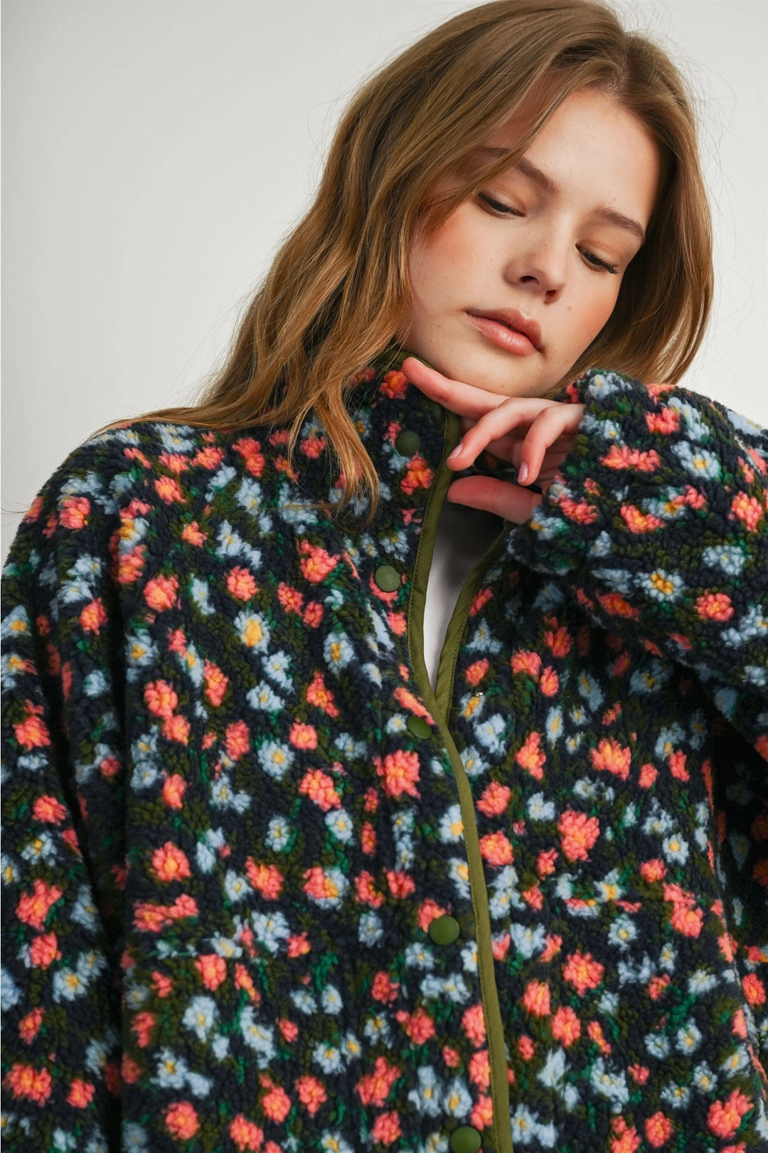Floral Print Fleece Contrast Trim Jacket