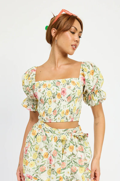 Floral Printed Short Puff Sleeve Top