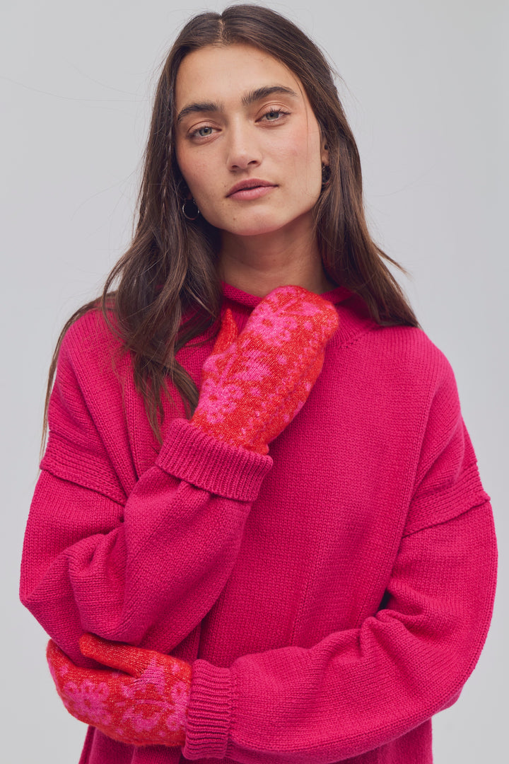 Folk Mitten in Pink x Red