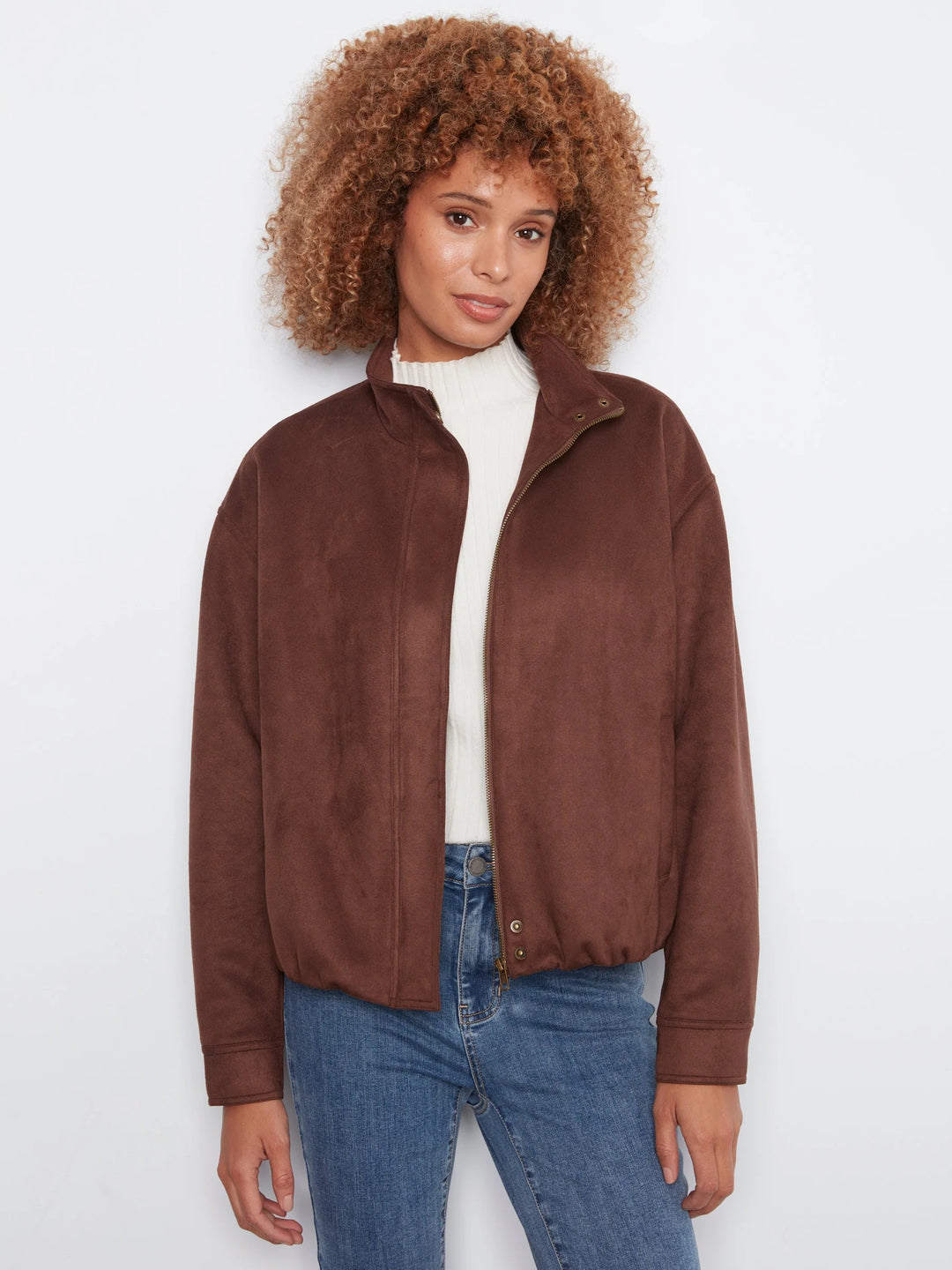 Front Zip Faux Suede Leather Jacket with Front Pockets in Coffee