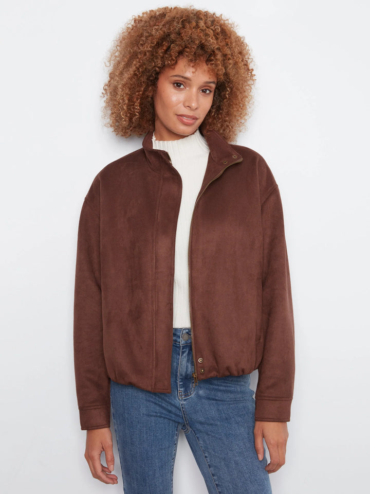 Front Zip Faux Suede Leather Jacket with Front Pockets in Coffee