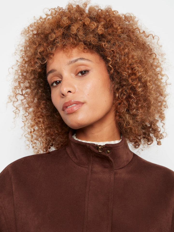 Front Zip Faux Suede Leather Jacket with Front Pockets in Coffee