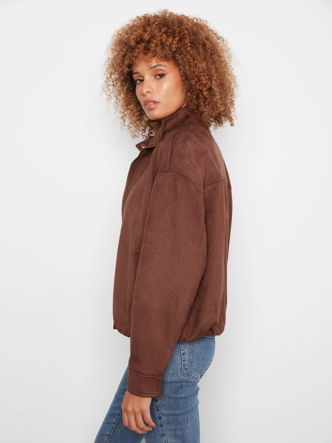 Front Zip Faux Suede Leather Jacket with Front Pockets in Coffee