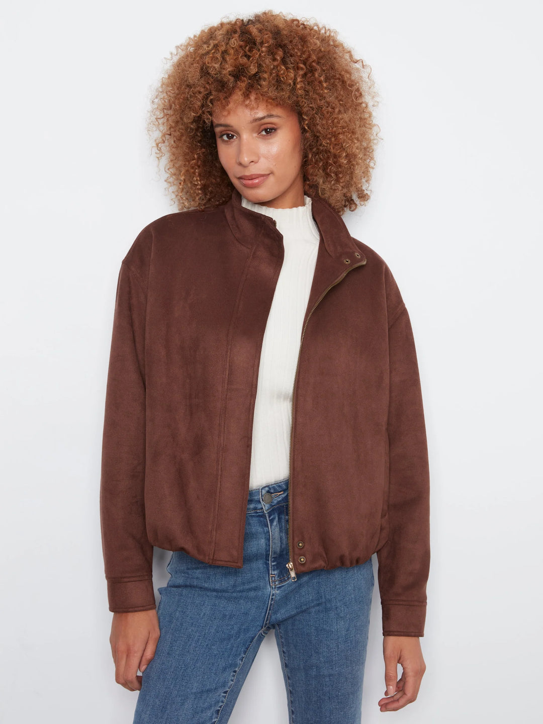 Front Zip Faux Suede Leather Jacket with Front Pockets in Coffee
