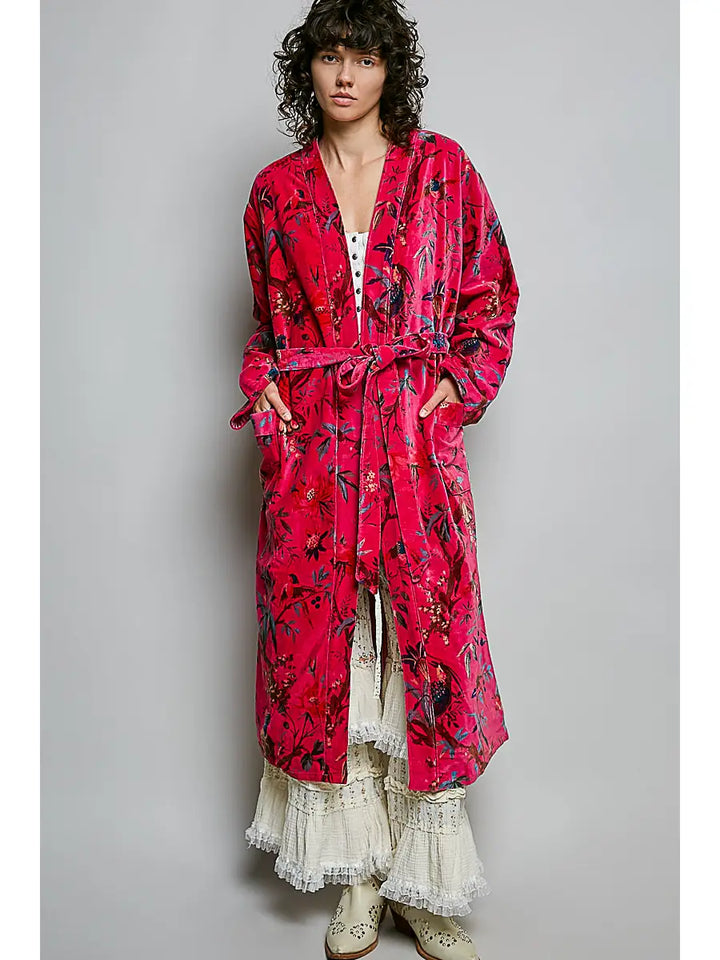 Full Length Self Tie Belt Kimono Style Robe Velvet Jacket in Fuchsia