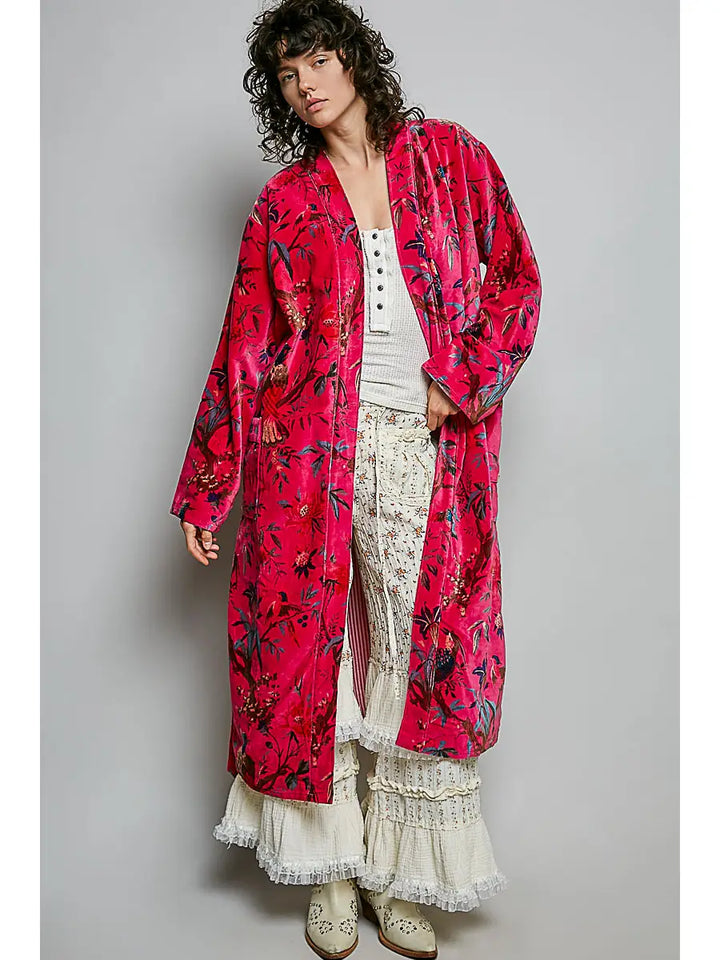 Full Length Self Tie Belt Kimono Style Robe Velvet Jacket in Fuchsia