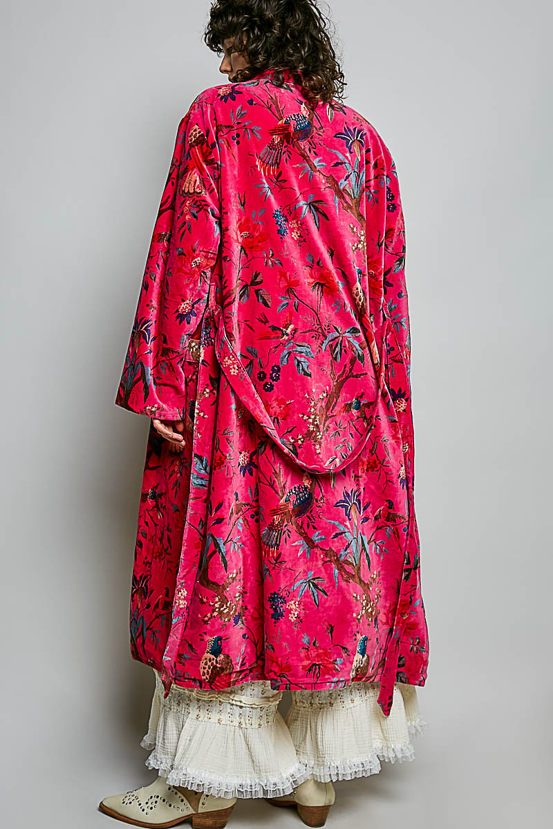 Full Length Self Tie Belt Kimono Style Robe Velvet Jacket in Fuchsia