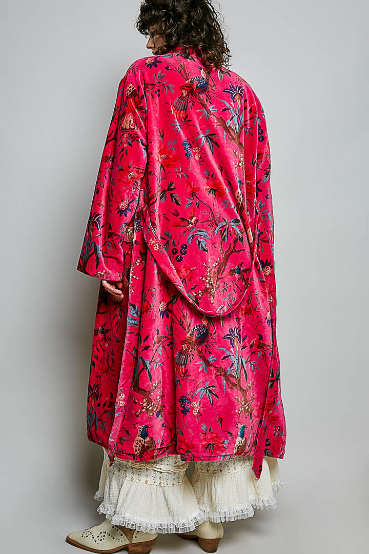 Full Length Self Tie Belt Kimono Style Robe Velvet Jacket in Fuchsia
