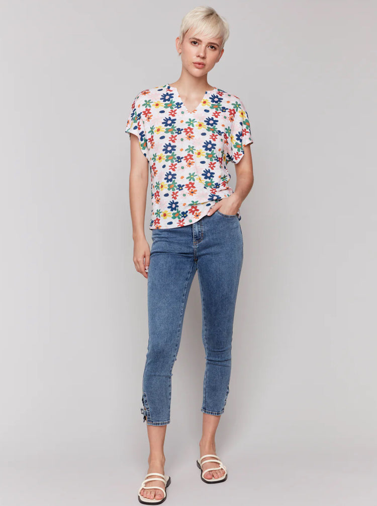 Printed split neck dolman short sleeve top