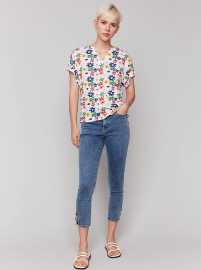 Printed split neck dolman short sleeve top