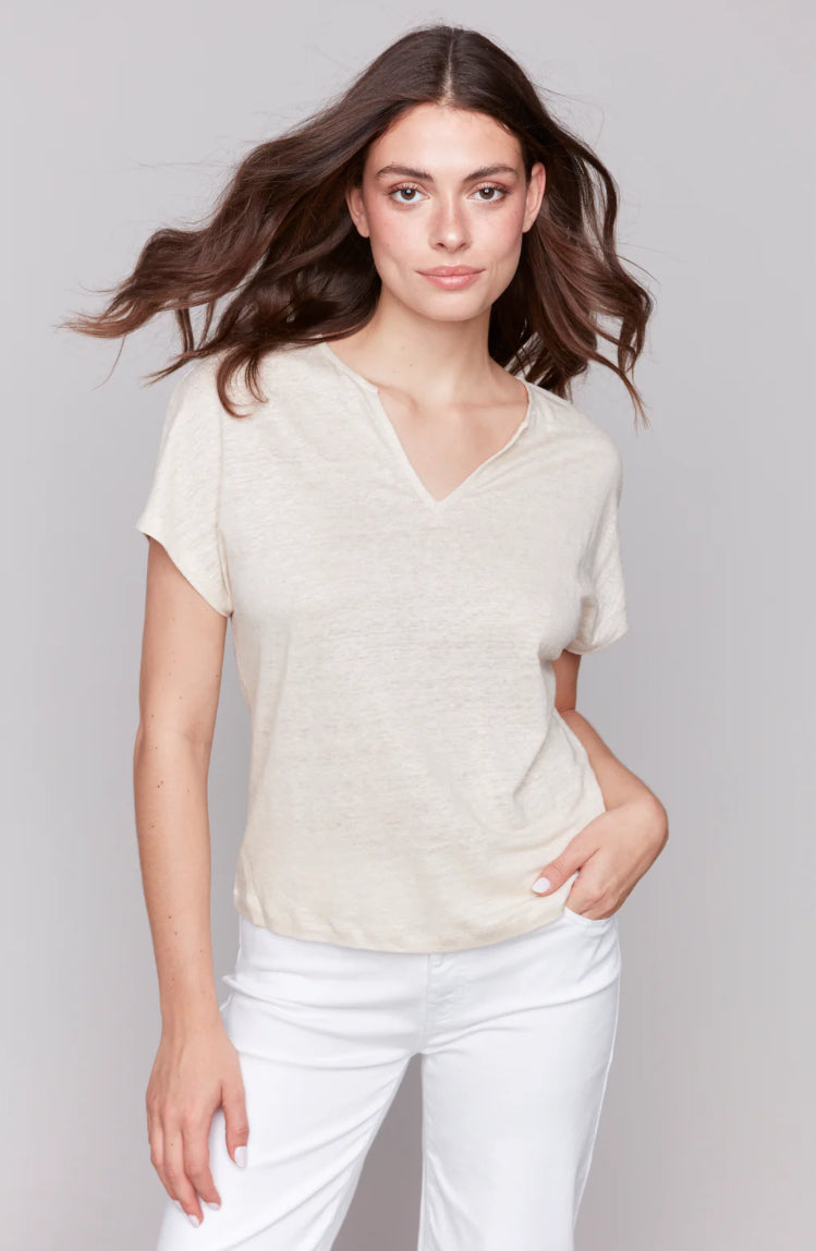 Split neck dolman short sleeve top