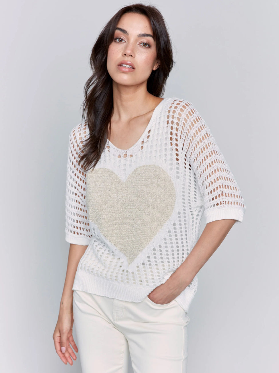 Fishnet V-Neck 3/4 Dolman Sleeve Sweater With Lurex Heart