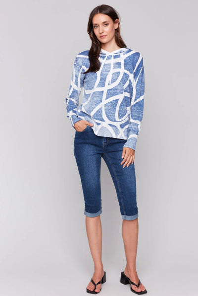 Reverse Printed Cotton Hoodie Sweater with Dropped Shoulders