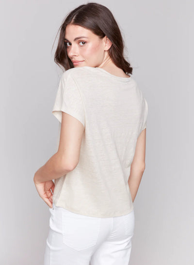 Split neck dolman short sleeve top