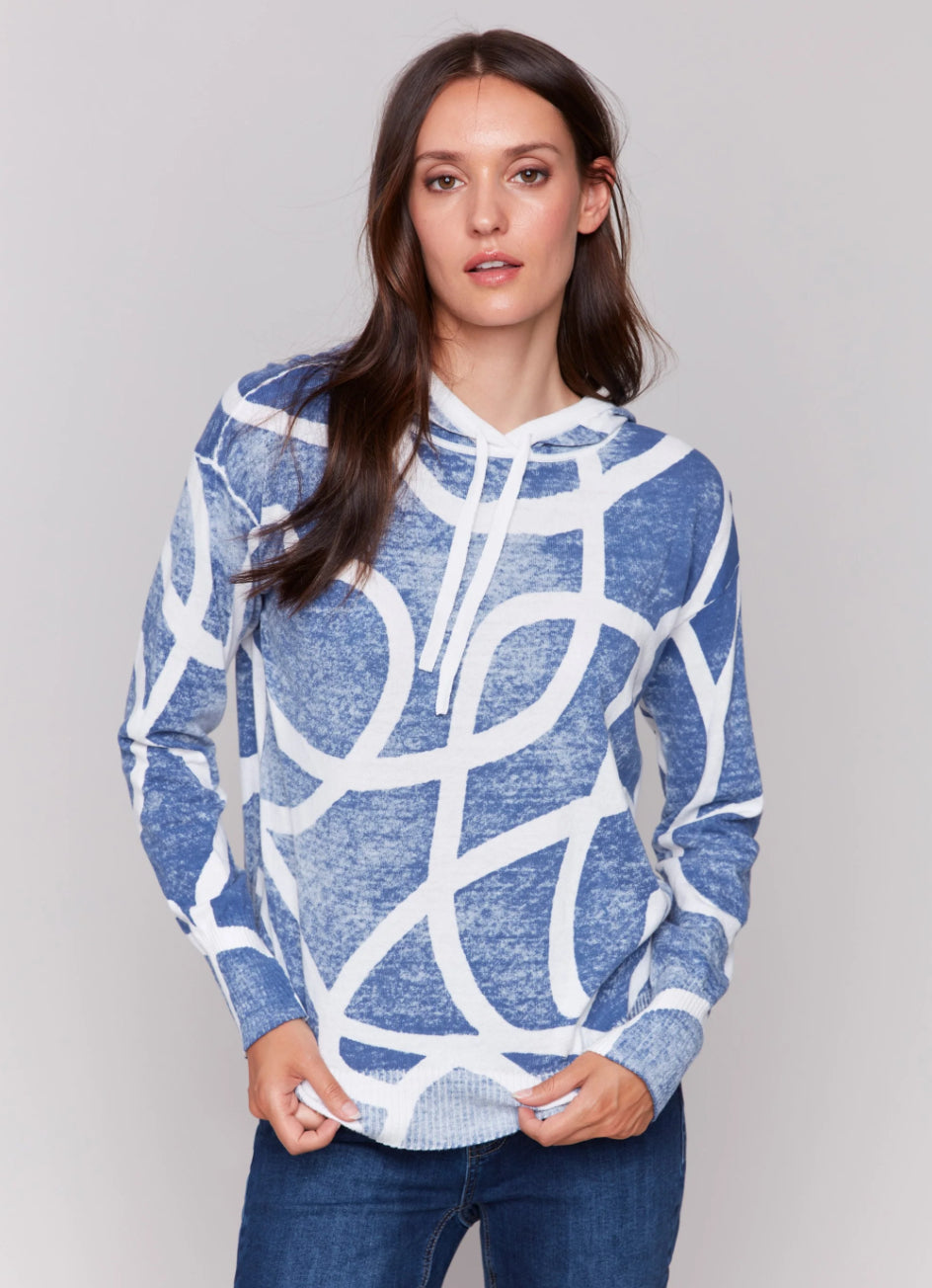 Reverse Printed Cotton Hoodie Sweater with Dropped Shoulders