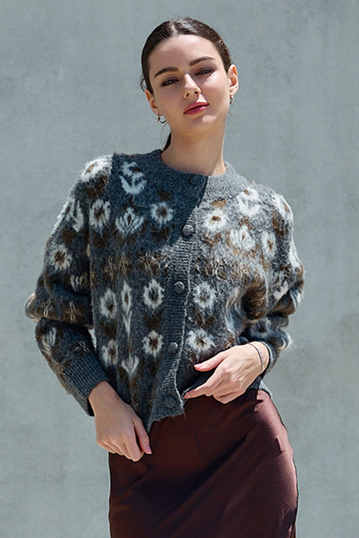 Fuzzy Nordic Floral Diamond Knit Cardigan