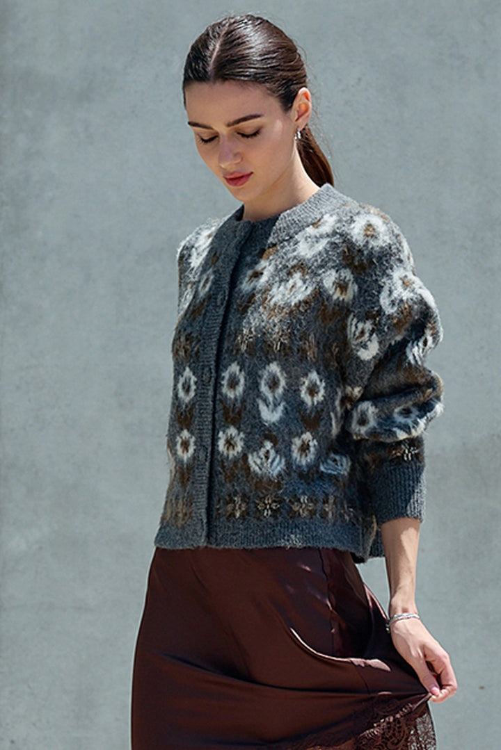 Fuzzy Nordic Floral Diamond Knit Cardigan