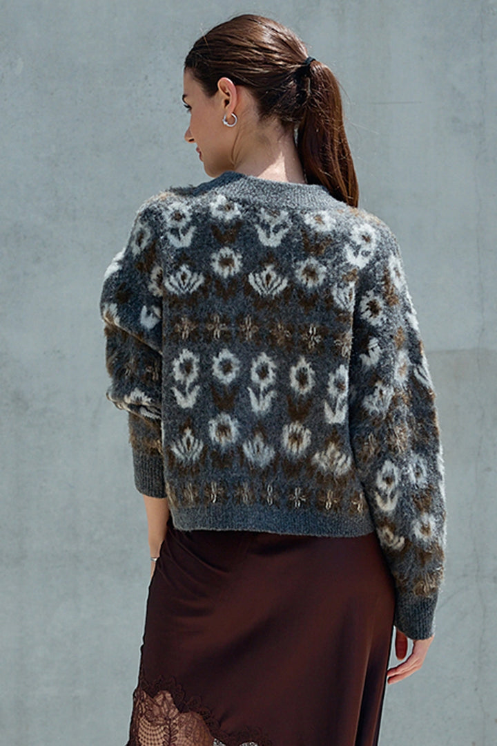 Fuzzy Nordic Floral Diamond Knit Cardigan