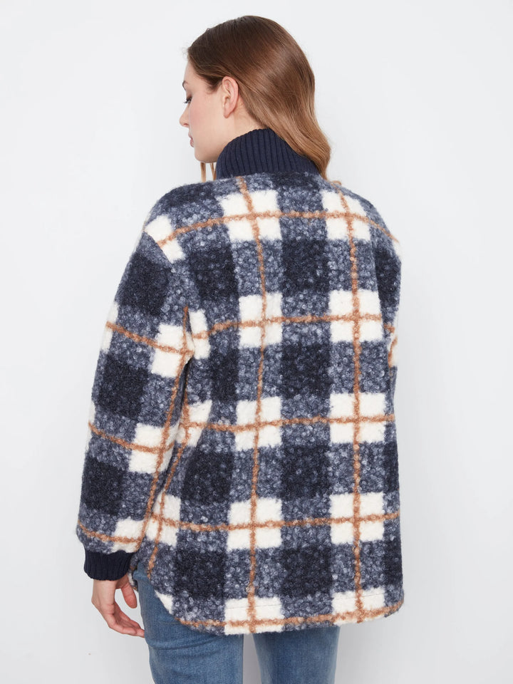 Fuzzy Plaid Jacket with Round Hem