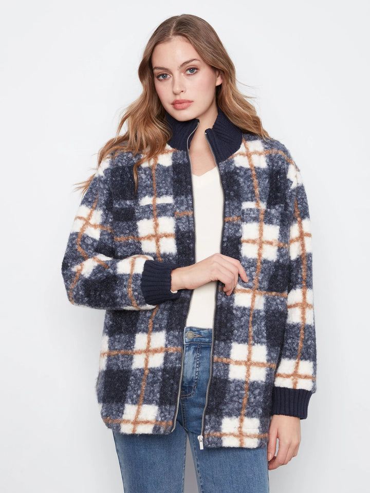 Fuzzy Plaid Jacket with Round Hem
